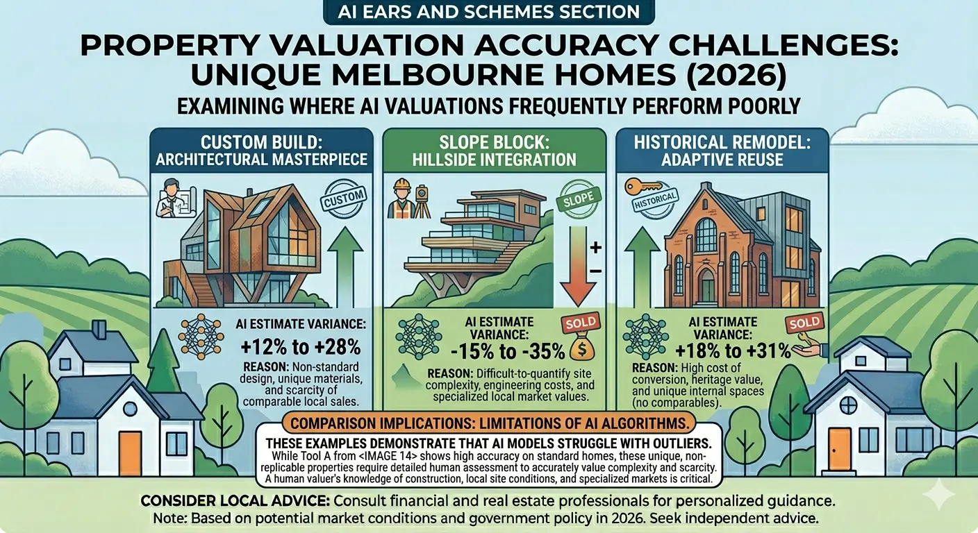 Property valuation tools accuracy failure unique homes custom builds slope blocks Melbourne examples