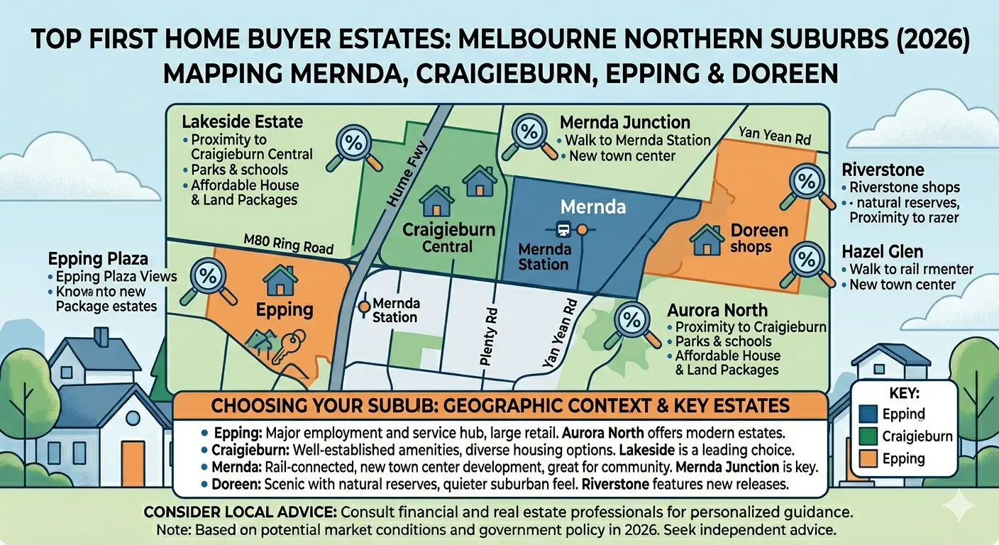 Map showing top first home buyer estates in Mernda, Craigieburn, Epping and Doreen — Melbourne northern suburbs
