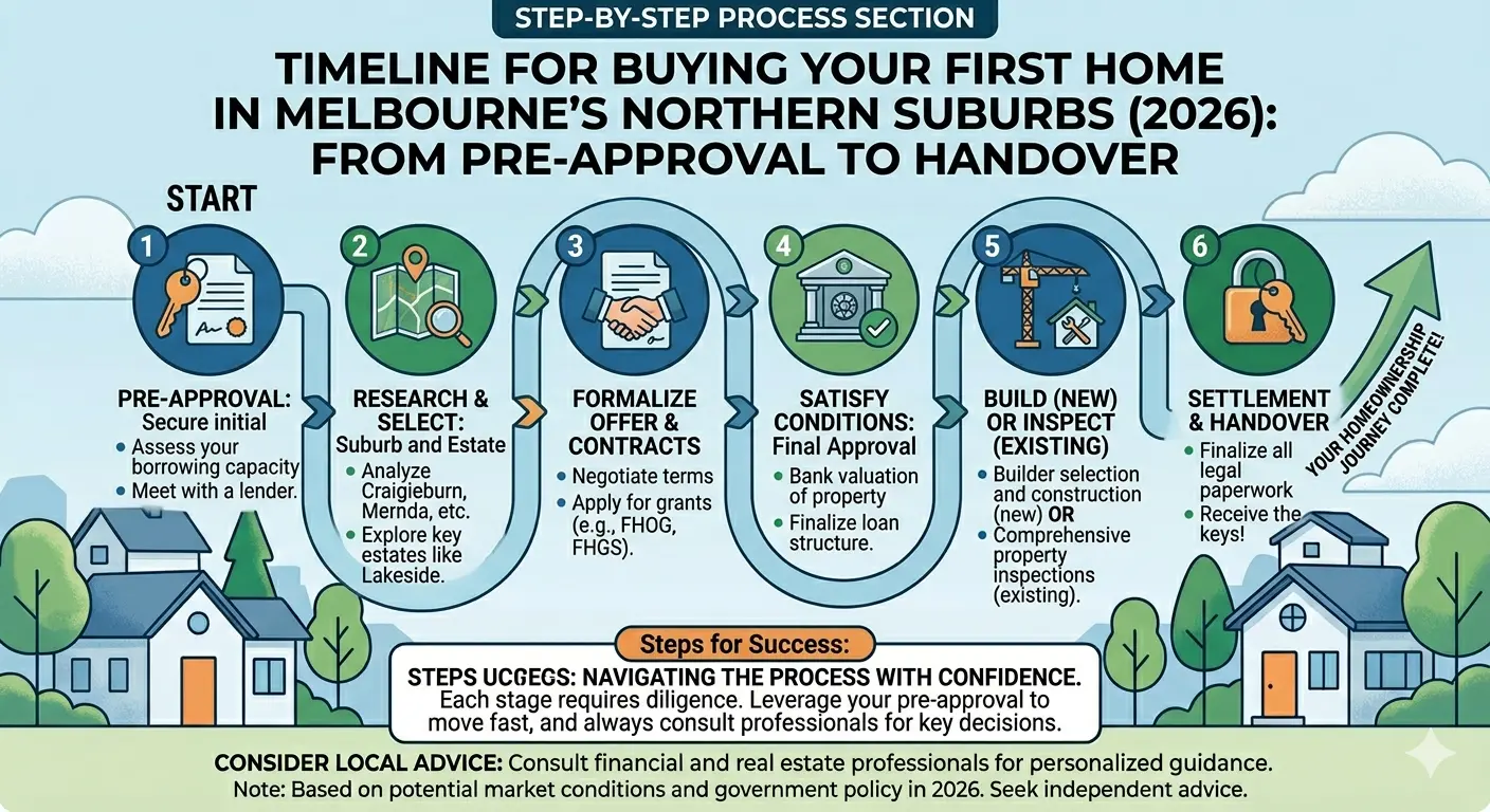 Step-by-step timeline for buying a first home in Melbourne’s northern suburbs, from pre-approval to handover