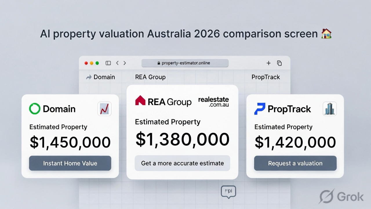 "AI property valuation Australia 2026 comparison screen showing online home estimate tools accuracy testing