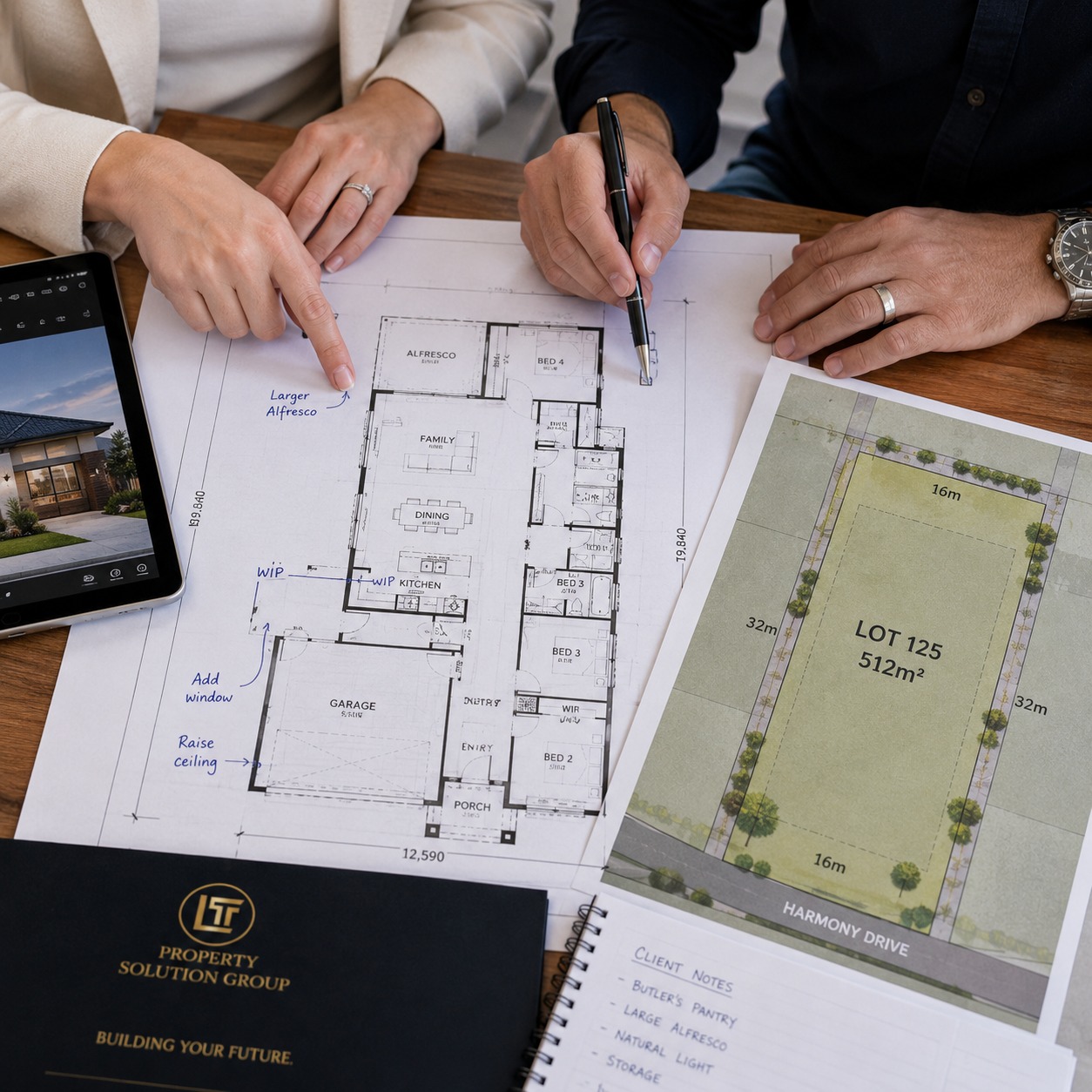 Floor plan document being reviewed alongside a house block<br />
layout