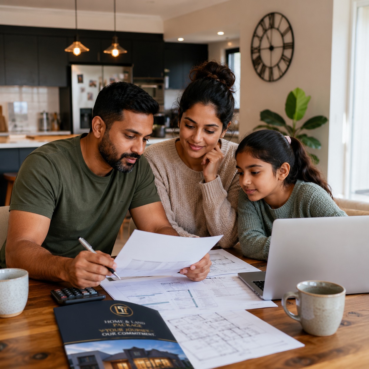 Family reviewing a home building budget and finance<br />
documents together